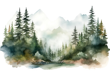 Watercolor Foggy Forest Landscape: Wild Nature in Wintertime
