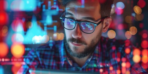 A young man marketer using a tablet for analyzing trends, with a backdrop of a digital marketing workspace