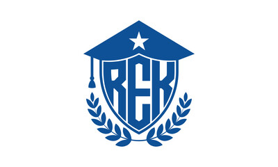 REK three letter iconic academic logo design vector template. monogram, abstract, school, college, university, graduation cap symbol logo, shield, model, institute, educational, coaching canter, tech