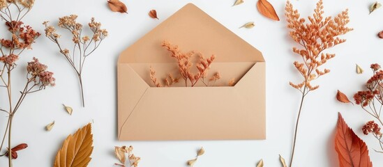 Minimal autumn-themed card with dried flowers, botanical flat lay, and craft paper envelope.