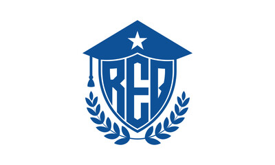 REQ three letter iconic academic logo design vector template. monogram, abstract, school, college, university, graduation cap symbol logo, shield, model, institute, educational, coaching canter, tech