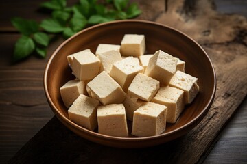 Minimal Style Tofu on Rustic Wooden Background AI Generated