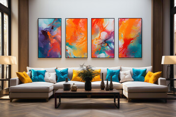 A modern living room with an infusion of bright colors, dark-colored sofas, and a blank empty white frame on the wall, creating a dynamic and personalized atmosphere.