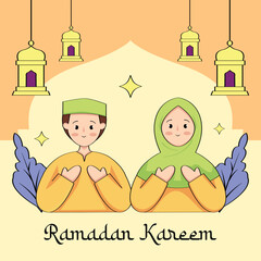 Ramadan Kareem vector illustration with Muslim couple illustration