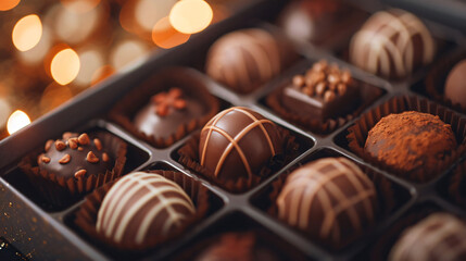 Box of assorted chocolates on bokeh lights background.