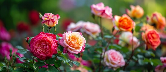 Striped Rose of Summer Blooms in Vibrant Garden Striped with Colorful Roses, Perfect for a Summertime Garden Summer Wonderland