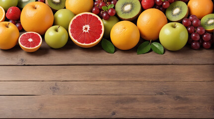 Background with various fresh fruits on a wooden table. There are apples, strawberries, grapes, pomegranates, bananas, peers, berries, kiwi, oranges and pineapples all looking fresh