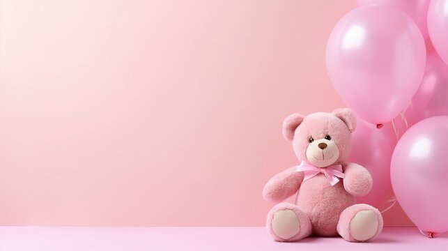 Pink balloons and a teddy bear on a pink background, a birthday and holiday concept, a birthday card for a child