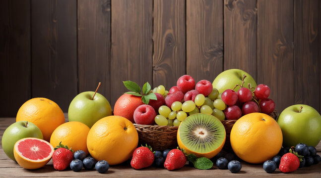 Background with various fresh fruits on a wooden table. There are apples, strawberries, grapes, pomegranates, bananas, peers, berries, kiwi, oranges and pineapples all looking fresh