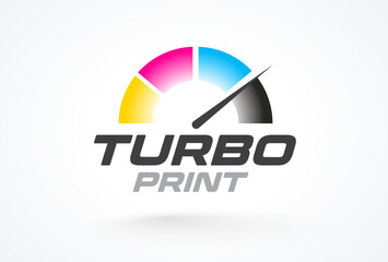 Logo Turbo Print. Speedometer colored CMYK. Express printing theme. Template design vector. White background.