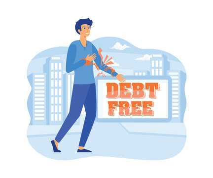 Debt free. Cheerful man with broken chains celebrating financial independence with victorious gesture. flat vector modern illustration 