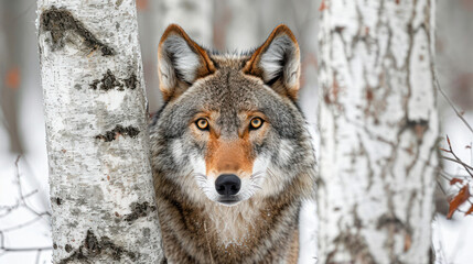 Fototapeta premium Intense gaze of a grey wolf standing among white birch trees in a snow-covered forest, showcasing wild beauty.