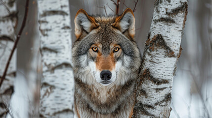 Intense gaze of a grey wolf standing among white birch trees in a snow-covered forest, showcasing wild beauty.