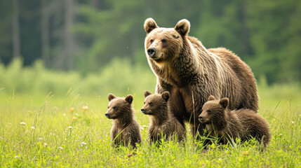 Mother Brown Bear with Cubs in the Wild.A protective mother brown bear watches over her curious cubs in a lush green meadow, a peaceful moment in the wild.