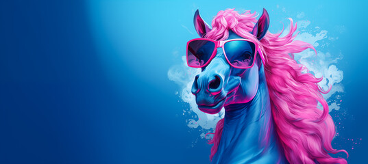 Funny cool horse wearing sunglasses. Wide banner with copy space for text. Graphic resource by Vita - obrazy, fototapety, plakaty