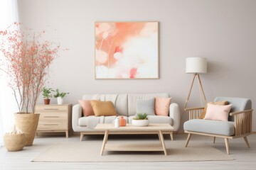 In the comfortable living room, a plush sofa and wooden furniture contribute to a modern aesthetic, complemented by a stylish picture frame for added decor.
