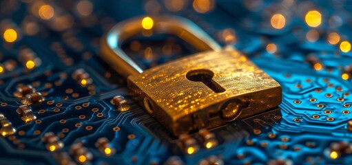 Golden padlock on blue circuit board, symbolizing data security