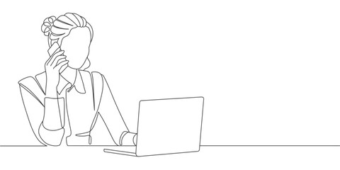 Fototapeta na wymiar woman with laptop line art style vector illustration