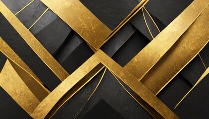 Abstract dark geometric 3D wall with gold and black textures in a luxurious pattern of squares and rectangles, elegant and contemporary, interior decor, background of gold