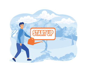 Starting green business growth concept. Human hand with can watering tree with Start up sign board. flat vector modern illustration 