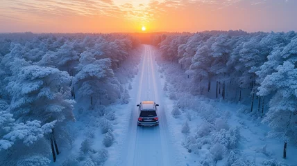 Fotobehang Car drives through snow forest landscape at sunset © senadesign