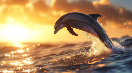 Dolphins jumping out of the water at sunset.  © An