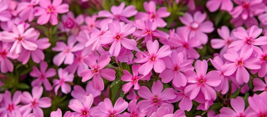 Pink creeping phlox 'Zwergenteppich' with pink flowers and red eye blooms in spring, forming a dense mat in a sunny garden.