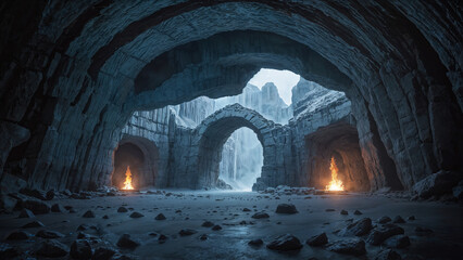 Ancient ruins of a large archway gate entrance situated in a cold winter mountain area leading into a dark underground cavern, fantasy role playing scene filled with mystery.