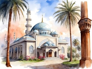 Naklejka premium watercolor painting of mosque