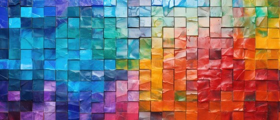 Abstract, colorful grunge mosaic of square ceramic tiles, mirrored for textured wall backgrounds, Ai Generated