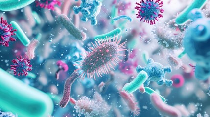 Fototapeta premium Abstract representation of bacteria, probiotics, gram-positive bacteria, and various viruses against a light background, Ai Generated.