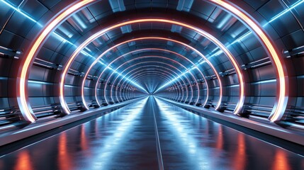 Futuristic tunnel with light, reflections, and an interior view. Abstract Architecture Background, Ai Generated.
