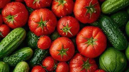A bountiful heap of whole wet tomatoes and cucumbers, creating a seamless background perfect for wrappers, Ai Generated.
