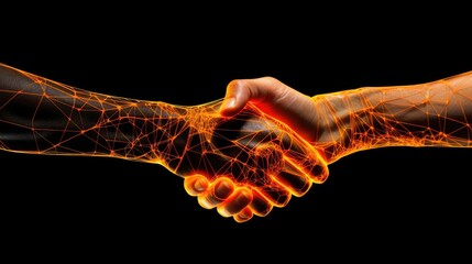 Orange wireframe handshake representing an agreement concept, Ai Generated