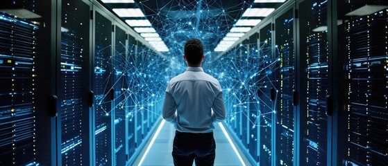 Engineer manager connecting data center in a server room to global networking, Ai Generated