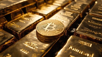 Gold bars adorned with the symbol of Bitcoin, blending traditional and digital wealth, Ai Generated