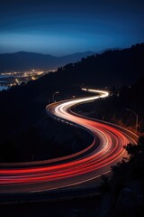 Cars' light trails on a curved asphalt road at night, a mesmerizing urban scene, Ai Generated.