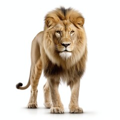 Naklejka premium An image showcasing a majestic lion, contrasted with a white backdrop, Ai Generated