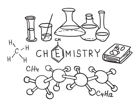 Chemical formula and outlines on whiteboard. Vector doodle set. Education background.	