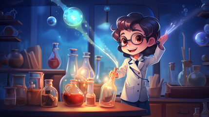 Scientist in a laboratory doing science experiment cartoon - obrazy, fototapety, plakaty