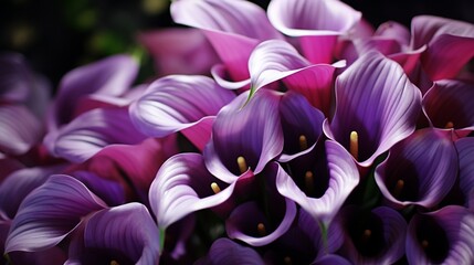 The entire bouquet of purple calla lilies in a well-composed shot, showcasing their elegance and...