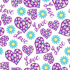 Seamless pattern of simple  hearts for wrapping paper or fabric. Hand drawn style. Vector illustration.