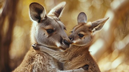 Mother and baby kangaroo hugging
