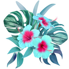 Beautiful tropical bouquet. Bright blue turquoise hibiscus flowers in vegetation. Jungle flowers, exotic