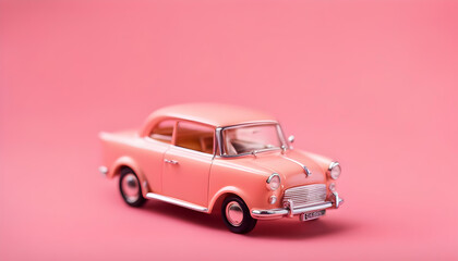 Model retro toy car on pink background.