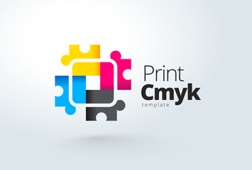 Logo Print CMYK color theme. Colored puzzles. Template design vector. White background.
