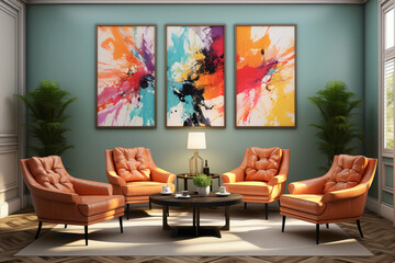 Picture two armchairs in a modern living room against a terra cotta wall, with a vibrant and colorful rug adding a touch of retro elegance to your home interior.