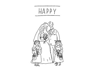 寄り添う新郎新婦とフラワーガール、ウエディング、線画