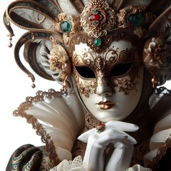 Praying venetian young lady wearing ornate masquerade mask on white background