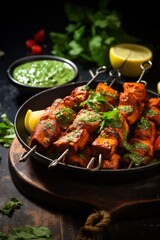 Fototapeta premium Chicken Tandoori Skewers with Mint Chutney. Best For Banner, Flyer, and Poster